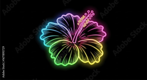 Radiant depiction of hibiscus flower glowing with vibrant neon illumination, creating a vivid