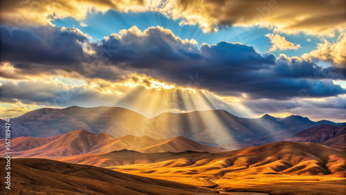 Dramatic Sunbeams Pierce Clouds Over Arid Mountain Landscape at Sunset rays of light crepuscular rays