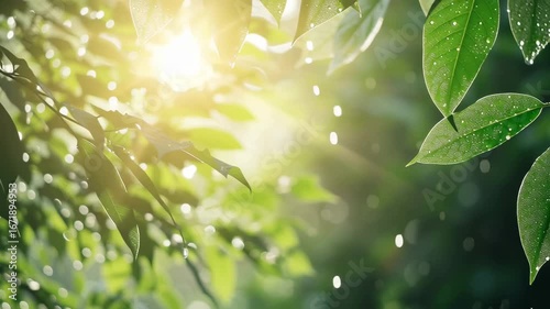 Morning light shining through dewy leaves forest nature photography tranquil environment close-up view freshness and renewal concept