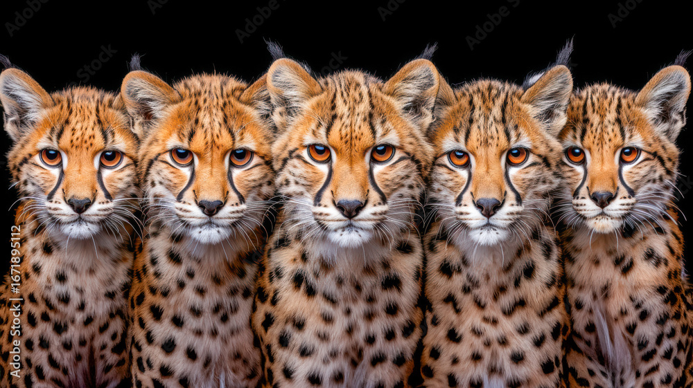 Fototapeta premium Group of five cheetahs with striking features and vivid fur patterns against a dark background