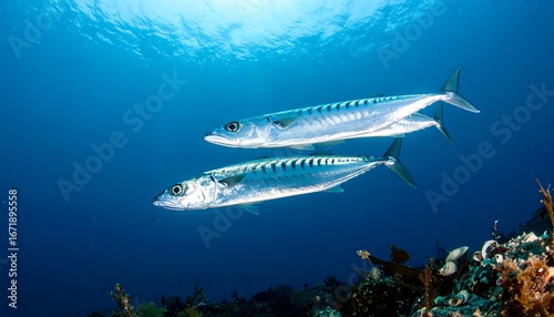 Wallpaper Mural Two sleek fish swim in tandem above a vibrant coral reef in clear, deep blue water Torontodigital.ca