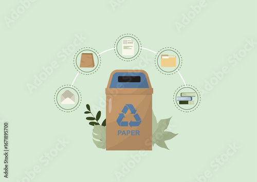 Paper Waste Categories with Recycling Bin. paper recycling bin surrounded by icons showing different paper types including documents, books, envelopes. Paper waste concept. Flat. Vector illustration