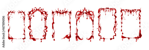 Blood vintage frame, gothic Halloween hand drawn red border set vampire victorian horror decor print. Drip abstract fantasy medieval banner, holiday scary antique elegant graphic. Blood splash frame