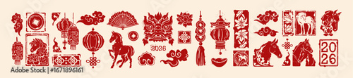 Chinese New Year icon, vector hand drawn Asian holiday 2026 horse print set, red celebration design. Traditional oriental decorative design elements, lucky coin sign, lantern, dragon. Chinese icon kit