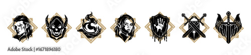 Fantasy game icon, vector UI RPG badge set, hand drawn magic weapon silhouette, reward skill sign. Medieval dark fairy tale print, sword, shield symbol, ancient dungeon dragon graphic. Game icon logo