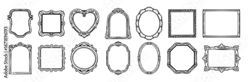 Doodle picture frame, hand drawn line vintage border, classic gallery empty decor vector baroque art. Ornamental decoration design elements, round, heart, oval shapes, swirl arch. Picture frame icon