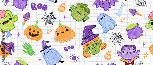 Kids Halloween seamless pattern, spooky funny childish texture vector hand drawn doodle autumn print. Scary cartoon monster background, holiday pumpkin face fabric design. Naive cute Halloween pattern