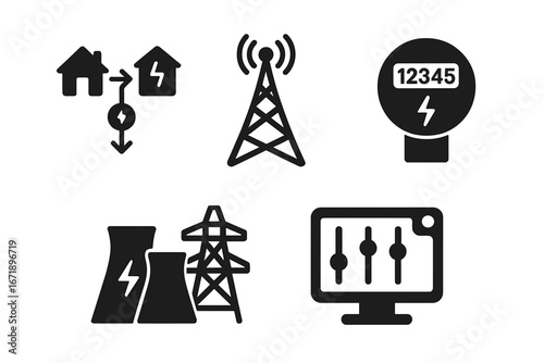 Smart grid vector icon set. Solid glyph icons for energy systems, power generation, distribution, and control. Includes smart meter, power station, and data tower.