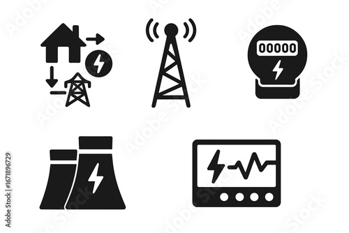 Smart grid solid glyph icon set. Vector collection of energy system symbols. Includes power station, data tower, smart meter, home electricity flow, and control monitor graphic.