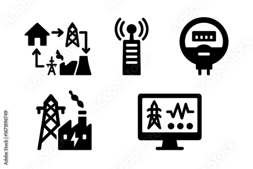 Smart grid solid icon set. Vector symbols of energy systems, electricity flow chart, data tower, smart meter, power station, and control panel for technology illustration.
