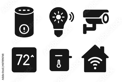 Smart home solid glyph icon set. Home automation vector icons. Voice assistant, security camera, smart light, thermostat, connected house. Internet of things technology symbol.