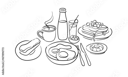 Breakfast, continious line drawing. Cupcakes and scrambled eggs outline. Vector illustration
