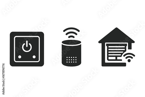 Smart home glyph icon set. Solid vector symbols for home automation. Includes smart light switch, voice assistant speaker, automated blinds. Internet of Things technology concept.