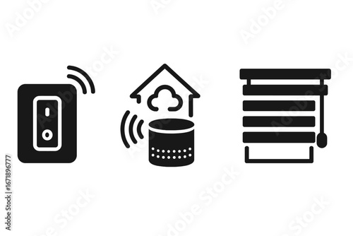 Smart home glyph icon set. Internet of Things (IoT) vector symbols. Home automation concept with smart light switch, voice assistant, and automated window blinds control.