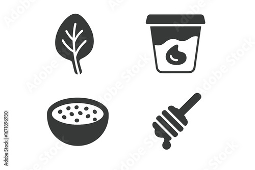 Smoothie ingredients vector icon set. Spinach leaf, yogurt, chia seeds, honey dipper solid glyphs. Healthy food, superfood, nutrition, diet, recipe pictogram collection.