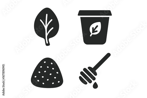Smoothie ingredients vector icon set. Solid glyph icons of healthy food: spinach leaf, yogurt cup, strawberry, and honey. Nutrition, diet, and detox food concepts illustration.