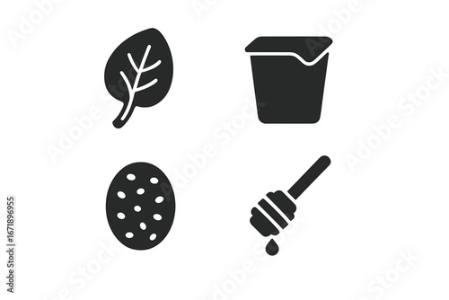 Smoothie ingredients glyph icon set. Solid vector icons of spinach leaf, yogurt cup, chia seeds, and honey dipper. Healthy food and drink concept for graphic design.