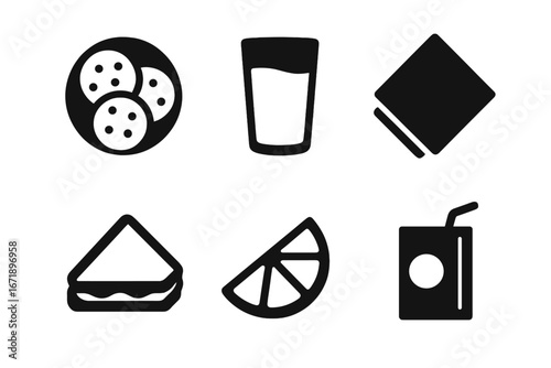 Snack time food and drink solid icon set. Vector glyph collection of simple meal items. Cookie plate, glass of milk, sandwich, fruit slice, juice box, and napkin symbols.