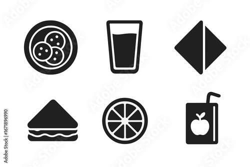 Snack time vector icon set. Solid glyph pictograms of kids school lunch food and drink. Cookie plate, glass of milk, sandwich, fruit slice, juice box, and napkin symbols.