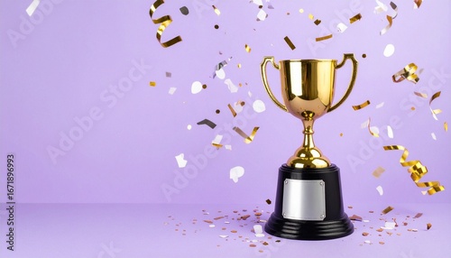 A glowing golden trophy stands tall on a black base against a soft purple backdrop, surrounded by celebratory confetti—symbolizing achievement, recognition, and the joy of success.