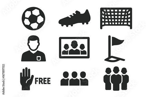 Soccer football glyph icon set. Solid vector icons collection of ball, cleats, goal net, referee, team photo, corner flag, free kick, players. Sports competition symbols.