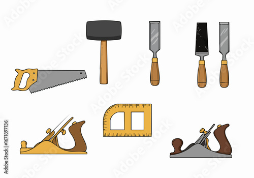 Various essential hand tools for carpentry and woodworking, including saw, chisels, planes, mallet, and ruler, presented as clear illustrations.