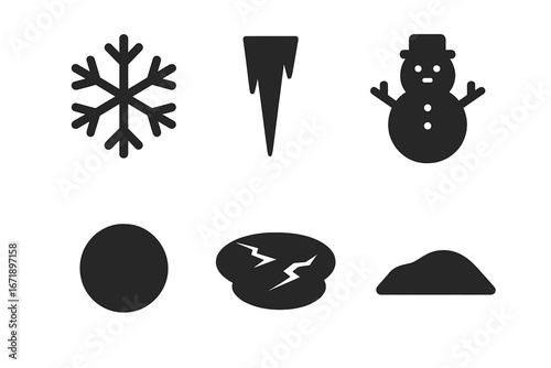 Winter snow and ice solid icon set. Glyph collection of weather symbols. Snowflake, icicle, snowman, snowball, frozen lake, snowdrift. Christmas holiday vector pictogram.