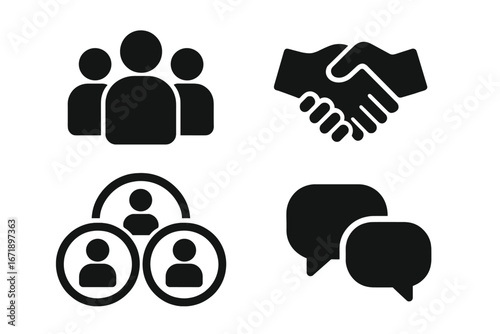 Social inclusion solid icon set. Community, diversity, and teamwork concepts. Vector glyph icons of group, handshake, support circle, and communication speech bubbles.