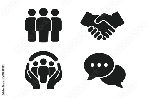 Social inclusion icon set. Concepts of community, diversity, equality, and teamwork. Handshake, group of people, support hands, and communication bubbles. Solid vector icons.