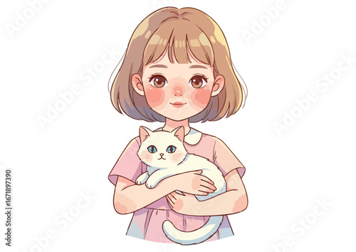 Young girl smiling while holding a cute cat in her arms