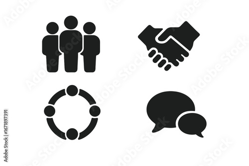 Social inclusion solid icon set. Vector glyphs for community, diversity, teamwork, support, partnership, and communication. People group, handshake, network, speech bubble.