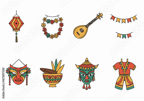 Vibrant cultural symbols collection featuring traditional masks, festive decorations, musical instruments, and garments representing global celebrations and heritage.