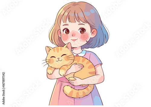 Young girl smiling while holding a cute cat in her arms