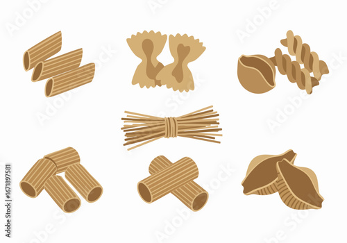 Assorted brown pasta shapes illustration on white, featuring penne, farfalle, conchiglie, fusilli, and bundled spaghetti, for Italian culinary concepts.