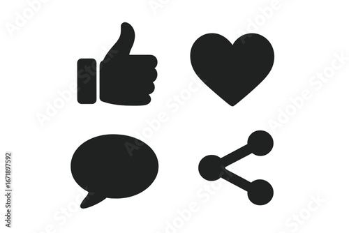 Social Media Interaction Icons Set. Solid Vector Kit with Thumbs Up, Heart Like, Comment Bubble, Share Symbol. Filled Black Social Network Buttons for Engagement, Feedback, Communication, Response