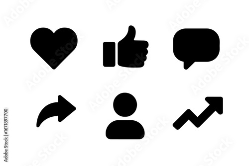 Solid Social Media Engagement Icons Vector Set. Filled Heart, Thumbs Up, Comment Bubble, Share Arrow, User Follower, Trending Arrow. Social Interaction Elements. Isolated Black Symbols Collection