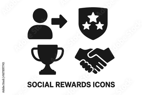 Social Rewards Icons Set. Solid Filled Vector Illustrations of Multiplayer Achievement, Friend Invite, Clan Badge, Trophy Cup, Handshake, Gaming Social Recognition, Teamwork Symbol