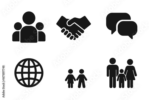 Black solid society and community icon set, people group, handshake, speech bubbles, globe, family, children. Social network, communication, teamwork, partnership. Vector illustration isolated