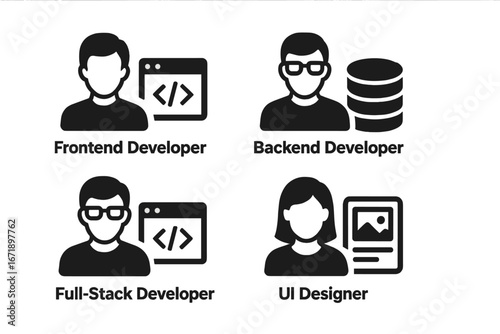 Software Development Roles Vector Set. Solid Filled Icons of Frontend Developer, Backend Developer, Full Stack Developer, UI Designer. IT Team Jobs Illustration, Programming, Web Design Elements
