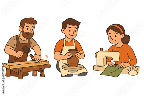 People crafting vector set. Man carpenter with wood, potter making clay pot, woman sewing on machine. Handmade hobby or creative workshop concept. Cartoon characters illustration.