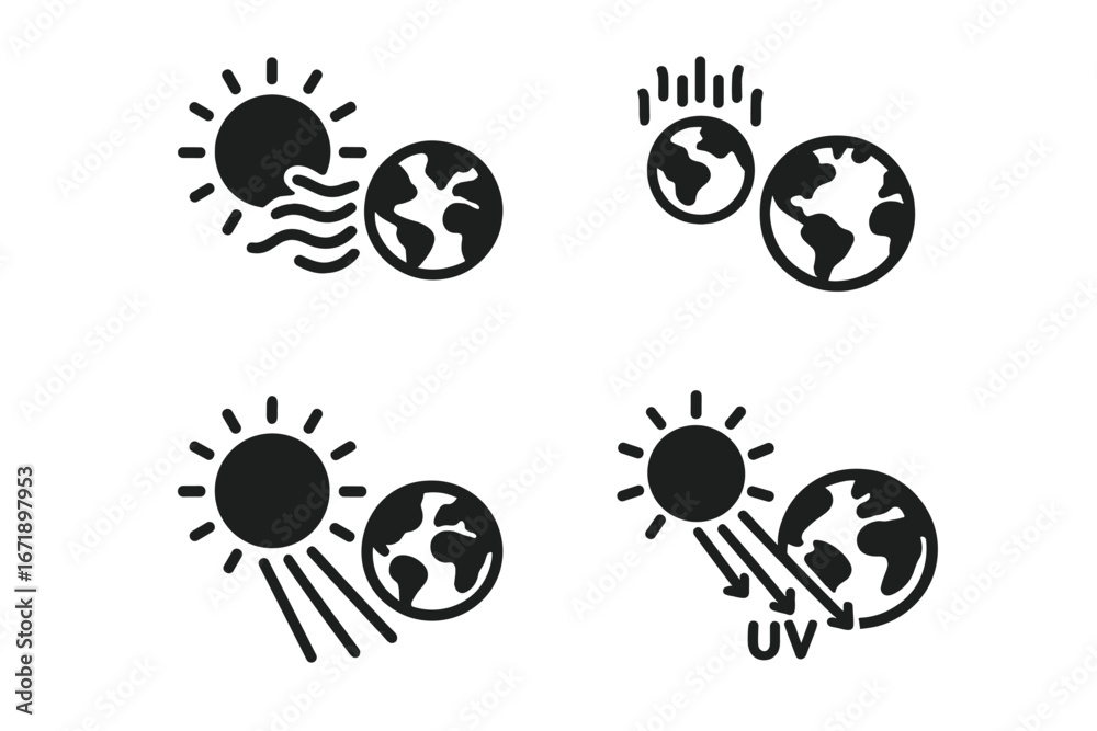 Obraz premium Solar Earth Icon Set. Solid Filled Vector Illustrations of Sun-Earth Interactions Including Solar Wind, Aurora, Sunbeam Strike, Ultraviolet UV Radiation, Space Weather Phenomena Concepts