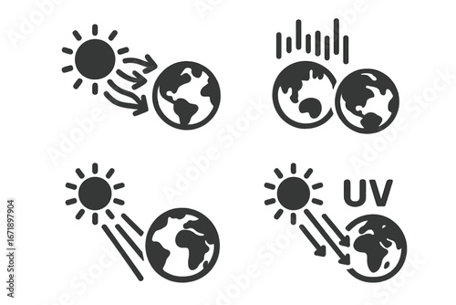 Solar Earth Interaction Icon Set. Sun Earth Vector Symbols. Solar Wind, Solar Radiation, UV Rays, Sunbeam, Climate Change, Ozone Layer Depletion, Global Warming, Aurora, Environmental Science Concept