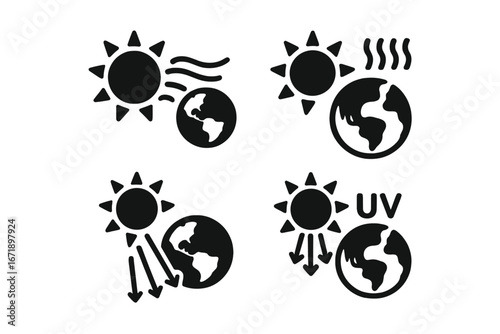Solar Earth Interaction Icon Set. Sun Earth Vector Icons Showing Solar Wind, Aurora, Sunbeam Strikes, UV Radiation, Climate Change, Ultraviolet, Atmosphere Impact, Environmental Science Concepts