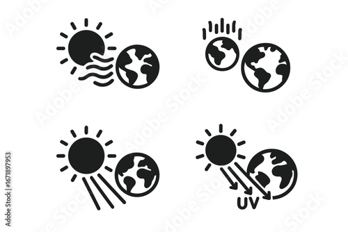 Solar Earth Icon Set. Solid Filled Vector Illustrations of Sun-Earth Interactions Including Solar Wind, Aurora, Sunbeam Strike, Ultraviolet UV Radiation, Space Weather Phenomena Concepts
