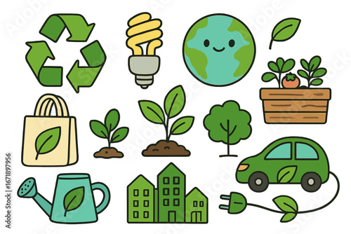 Eco-friendly icon set for sustainable living and green energy. Cartoon vector illustration of recycling, planet Earth, electric car, and urban gardening. Ecology concepts.