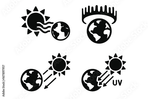 Solid Filled Solar-Earth Interaction Icon Set. Sun and Earth Vector. Solar Wind, Auroras, UV Radiation, Sunbeam Impact. Space Weather, Atmospheric Effects, Climate Change, Astronomy Concept