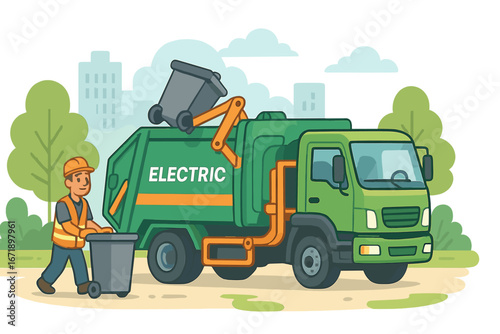 Electric garbage truck with sanitation worker collecting waste. Vector cartoon of city recycling and waste management for a clean, sustainable urban environment. Eco friendly.
