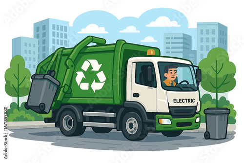 Electric garbage truck collecting waste on a city street. Waste management and recycling service. Eco friendly urban sanitation vehicle. Sustainable environment concept. Vector.