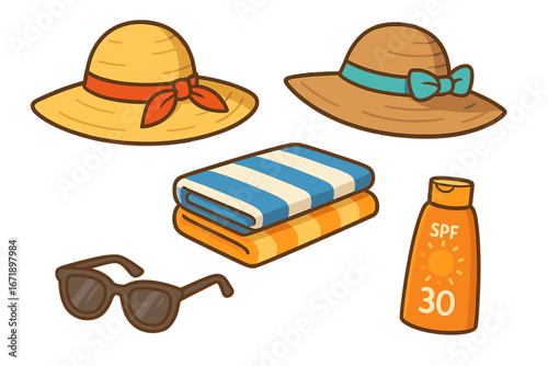 Summer beach accessories set. Cartoon vector illustration of sun hats, folded towels, sunglasses and sunscreen. Vacation holiday essentials for sun protection and relaxation.