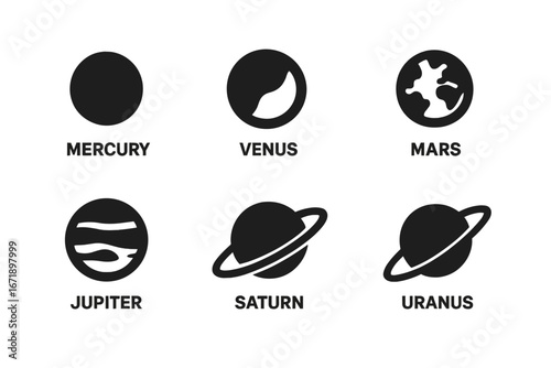 Solar System Planets Solid Icon Set. Mercury, Venus, Mars, Jupiter, Saturn, Uranus. Minimalist Vector Illustrations. Astronomical Symbols. Space Education. Black Silhouette Planet Graphics.